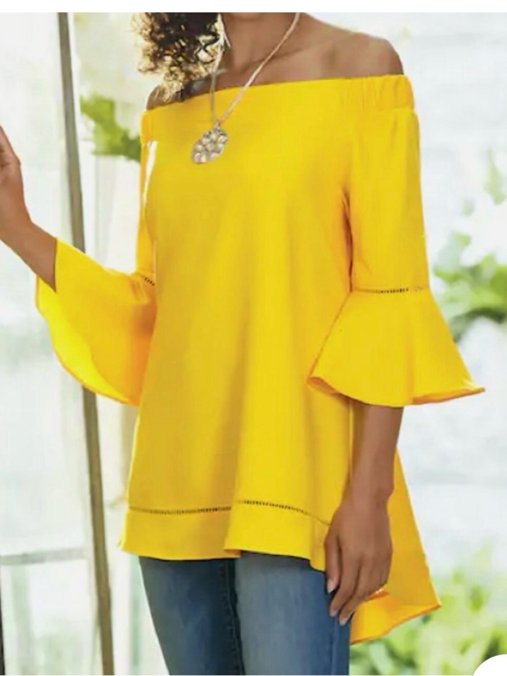 Midnight Velvet Bright Yellow Off-Shoulder Bell-Sleeve Tunic